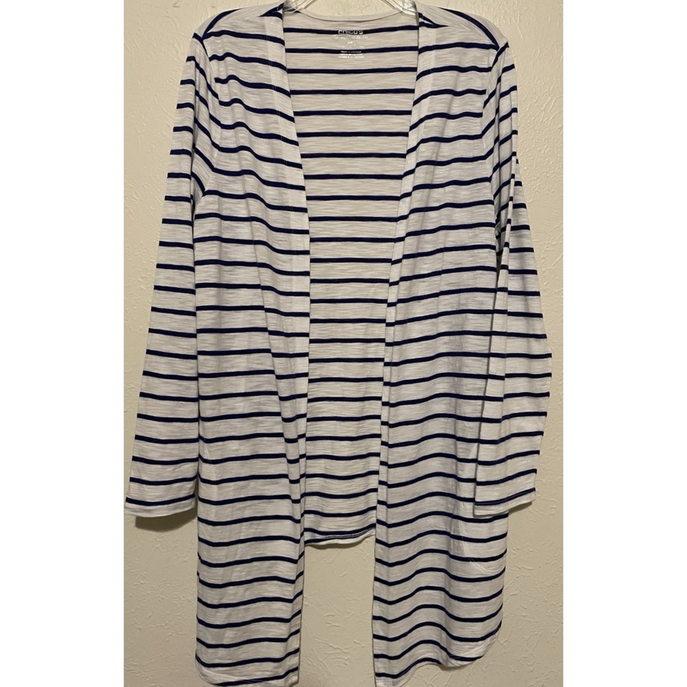 Chicos 2/Large Hi Low Hem Coastal Stripe Cardigan Open Front 3/4 Slv Lagenlook